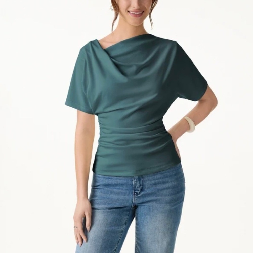 OGL Move Deep Water Teal Cowl Neck Ruched Short Sleeve Top Blouse Medium NWT